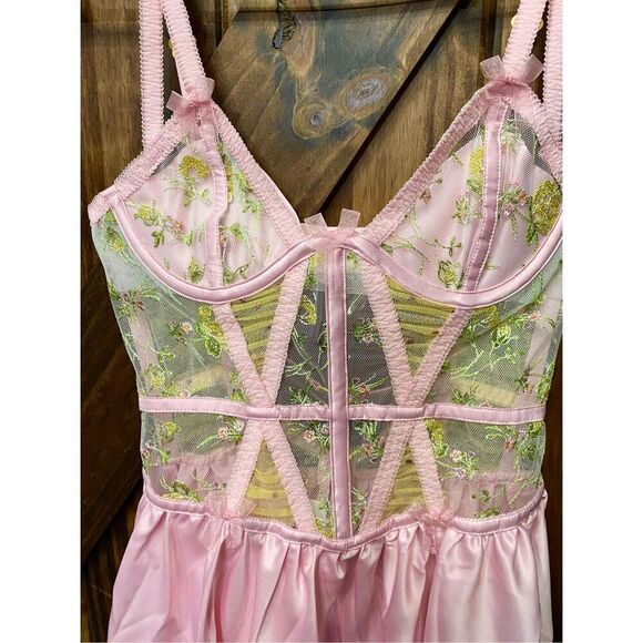For Love & Lemons Pink Floral Corset Slip Mini Dress Lingerie Sz XXS - Picture 3 of 10